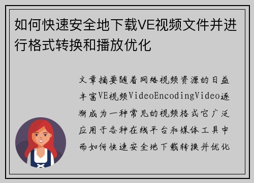 如何快速安全地下载VE视频文件并进行格式转换和播放优化